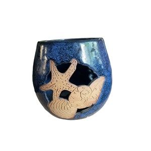 Luminary Glazed Terra Cotta Tropical Pattern Blue 4.5x4.5” Candle Holder